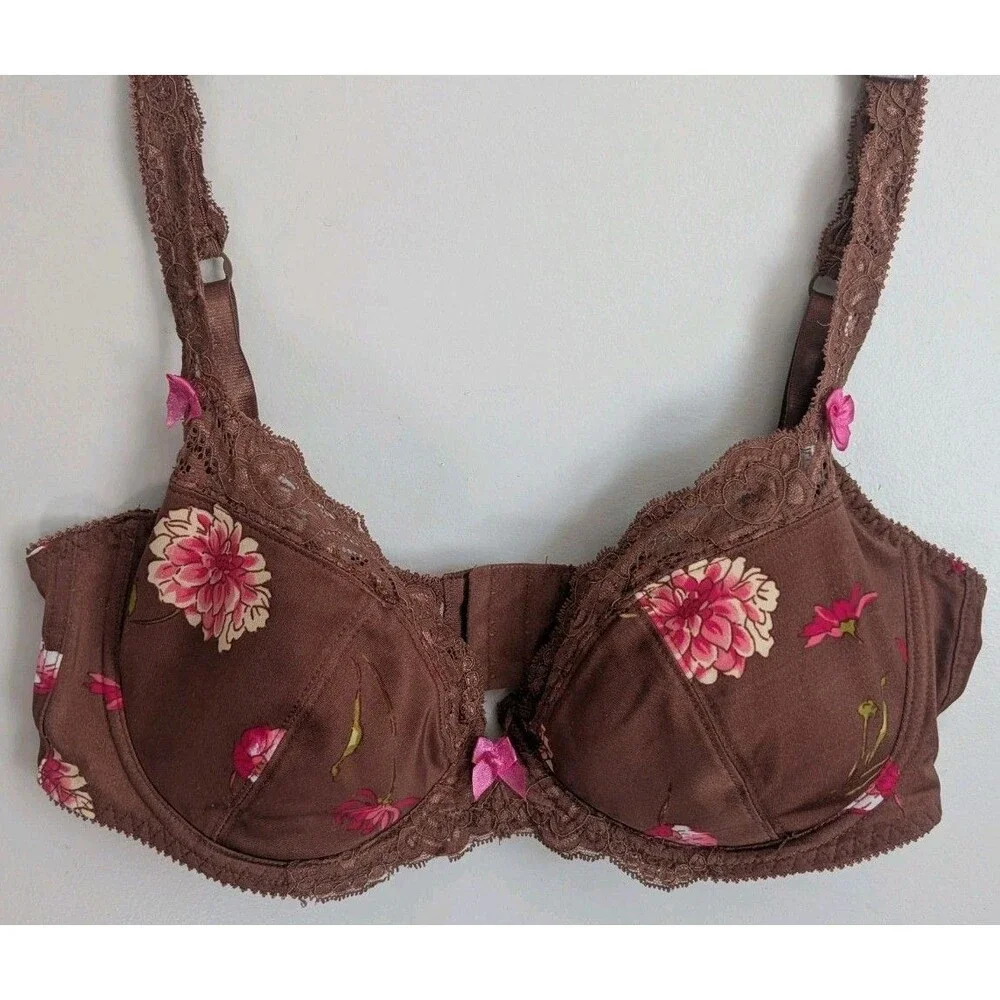 Y2K Sophie B Bra Brown Pink Floral Lace Padded Underwire Adjustable Straps 36DD